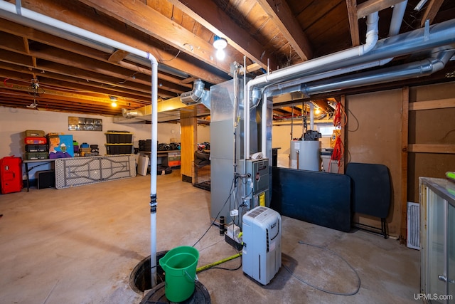 unfinished basement with gas water heater