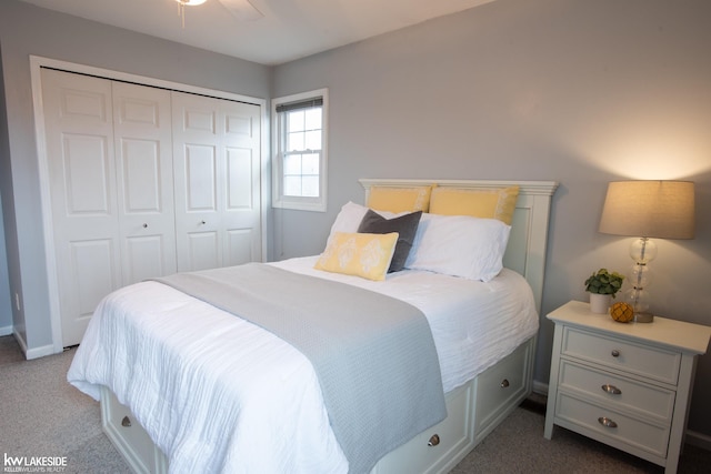 carpeted bedroom with a closet and a ceiling fan