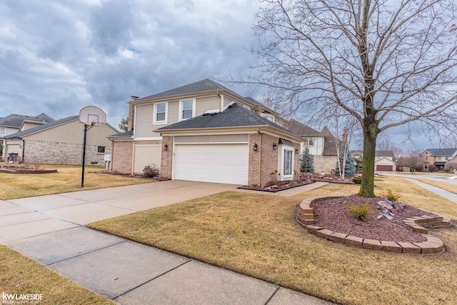 traditional-style home featuring an attached garage, brick siding, driveway, roof with shingles, and a front lawn