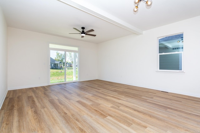 unfurnished room with light wood finished floors, visible vents, baseboards, a ceiling fan, and beamed ceiling