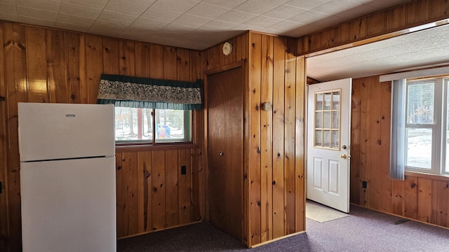 kitchen featuring carpet floors, wooden walls, and freestanding refrigerator