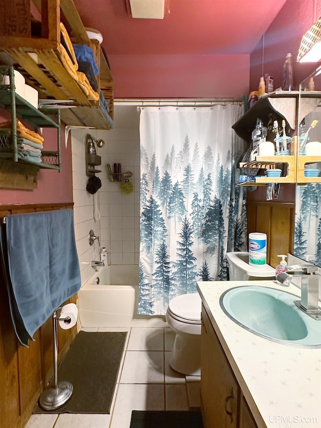 full bathroom with shower / bath combination with curtain, vanity, toilet, and tile patterned floors