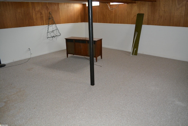 finished basement featuring carpet floors and wooden walls