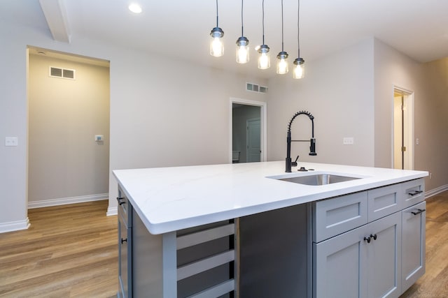 kitchen with light wood-style flooring, visible vents, a sink, and decorative light fixtures