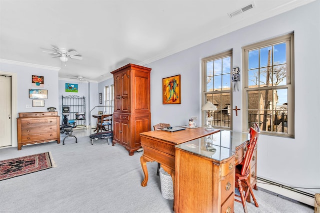 office with crown molding, visible vents, a baseboard heating unit, a ceiling fan, and light carpet