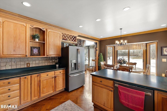 kitchen featuring open shelves, stainless steel appliances, dark countertops, decorative backsplash, and ornamental molding