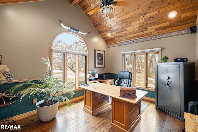 office space featuring ceiling fan, high vaulted ceiling, wooden ceiling, baseboards, and hardwood / wood-style floors