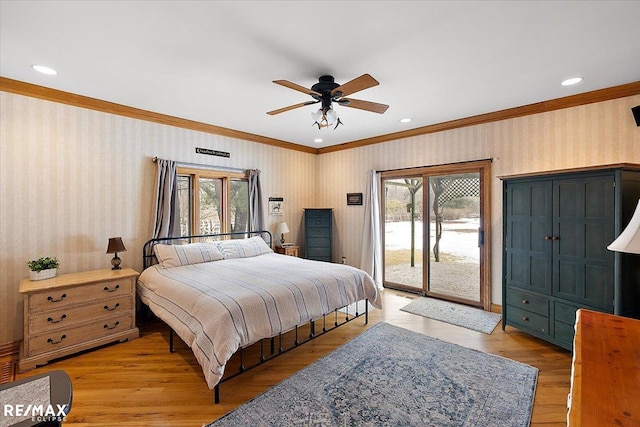 bedroom featuring access to exterior, crown molding, recessed lighting, light wood-style floors, and wallpapered walls