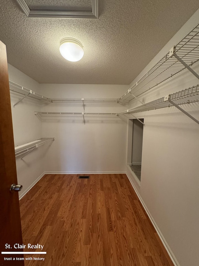 walk in closet with wood finished floors