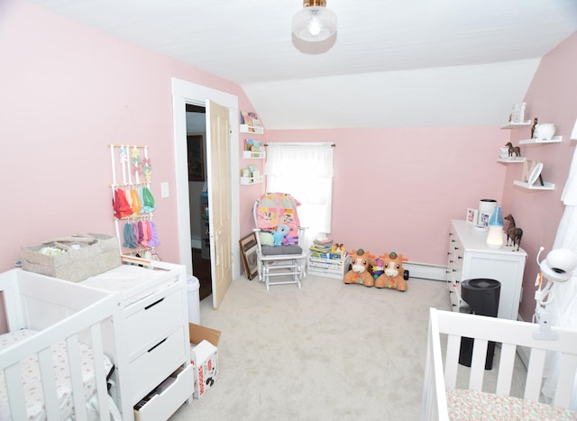 bedroom with lofted ceiling, carpet flooring, baseboard heating, and a nursery area