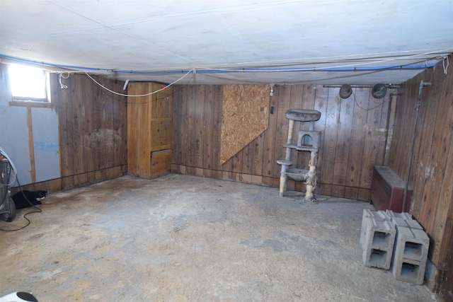 basement featuring wooden walls