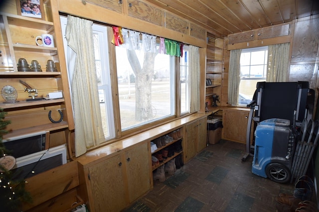 office with wood ceiling