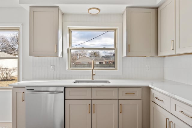 kitchen featuring a healthy amount of sunlight, a sink, backsplash, and stainless steel dishwasher