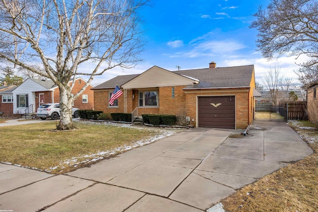 ranch-style house featuring a garage, brick siding, concrete driveway, fence, and a front yard