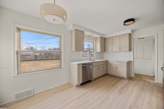 kitchen featuring a sink, visible vents, light countertops, stainless steel dishwasher, and light wood finished floors