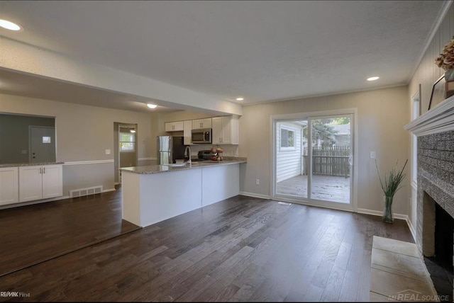 kitchen featuring a fireplace, white cabinetry, stainless steel appliances, and dark wood-style flooring