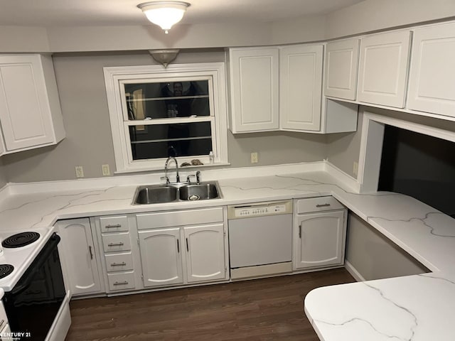 kitchen featuring white cabinetry, white dishwasher, range with electric cooktop, and a sink