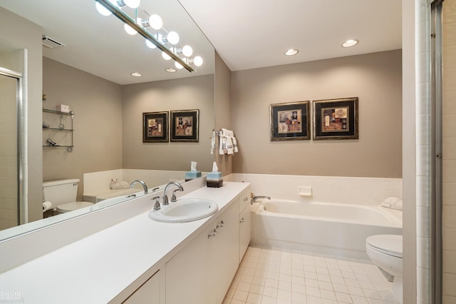 full bath with recessed lighting, toilet, vanity, tile patterned flooring, and a bath