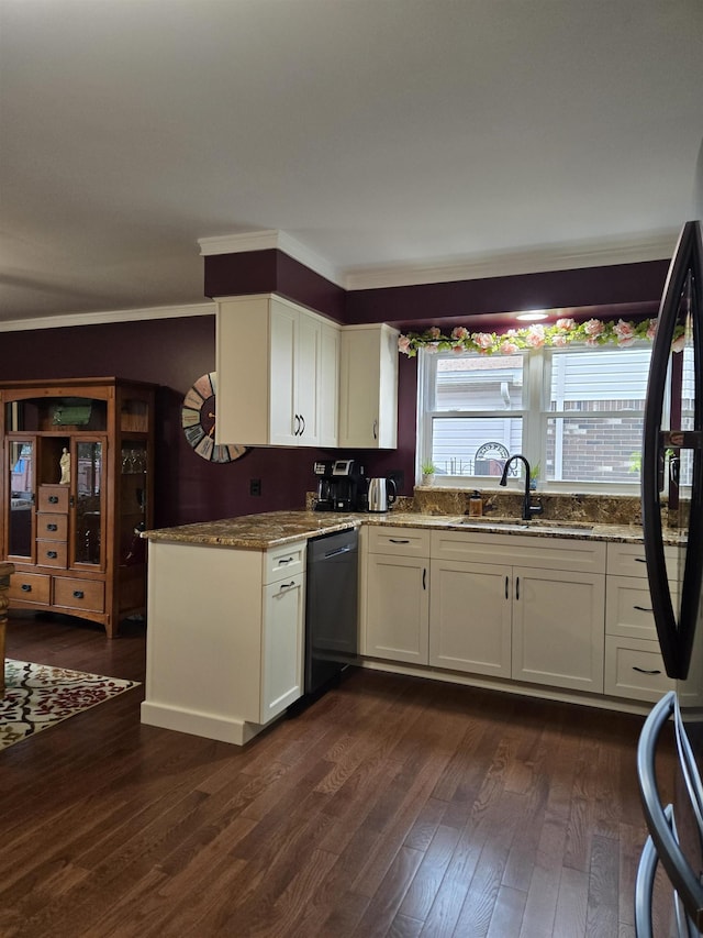 kitchen with dark wood-style floors, dishwashing machine, white cabinetry, and light stone countertops