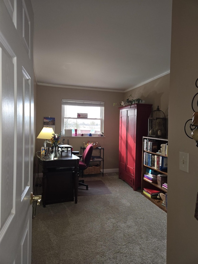 office space with ornamental molding and carpet flooring