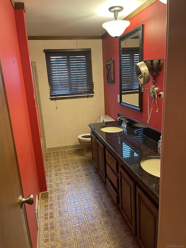 bathroom with double vanity, a sink, and toilet