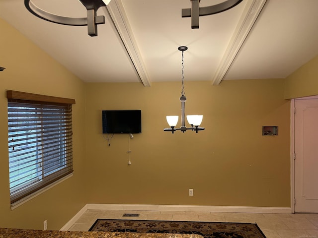 unfurnished dining area featuring a chandelier, visible vents, baseboards, and light tile patterned floors