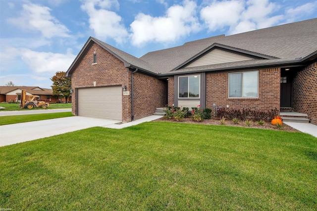 single story home featuring a garage, a front yard, concrete driveway, and brick siding