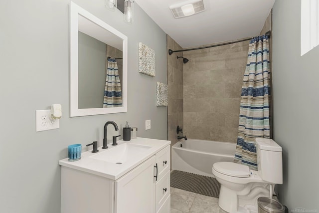 full bath with toilet, visible vents, shower / bath combo with shower curtain, and vanity