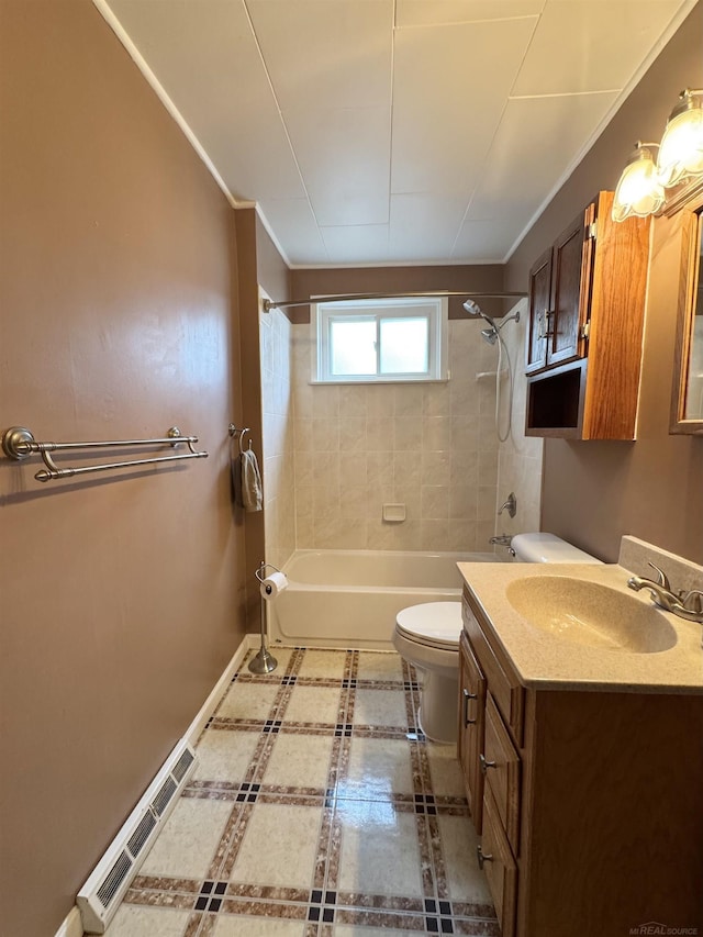 bathroom with bathtub / shower combination, visible vents, toilet, vanity, and baseboards