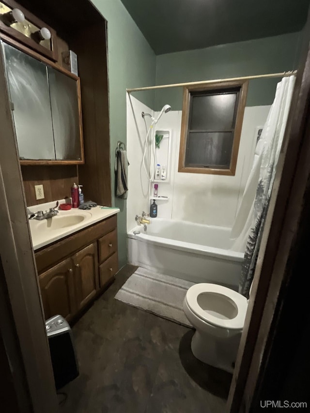 bathroom with toilet, shower / bathtub combination with curtain, and vanity