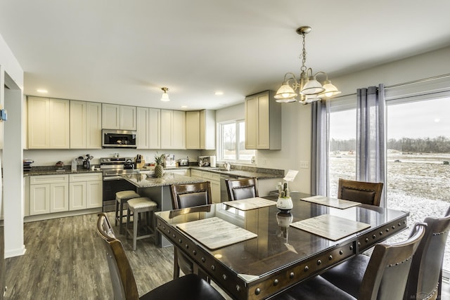 kitchen featuring a kitchen island, dark wood-type flooring, stainless steel appliances, a chandelier, and recessed lighting