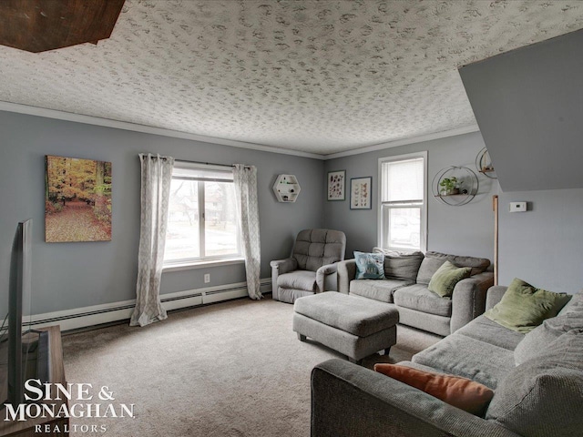 carpeted living area with a textured ceiling, ornamental molding, and a baseboard radiator