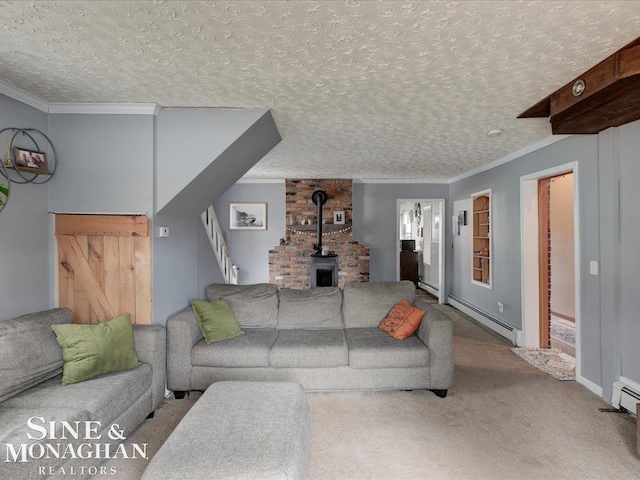 carpeted living room with a textured ceiling, a baseboard radiator, a wood stove, and crown molding