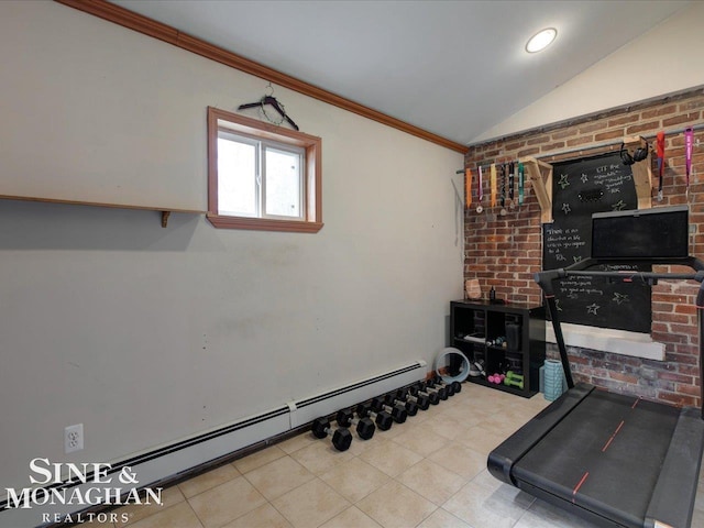 exercise room with ornamental molding, lofted ceiling, tile patterned floors, and a baseboard radiator