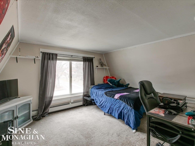 bedroom featuring a textured ceiling, carpet floors, and a baseboard heating unit