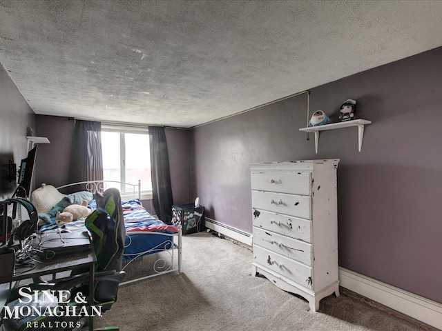 bedroom featuring carpet, a baseboard radiator, baseboards, and a textured ceiling