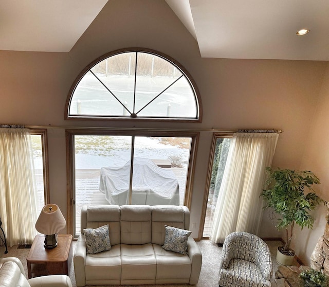 living room featuring high vaulted ceiling and carpet