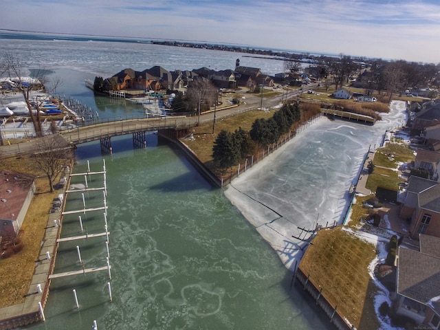 bird's eye view with a water view