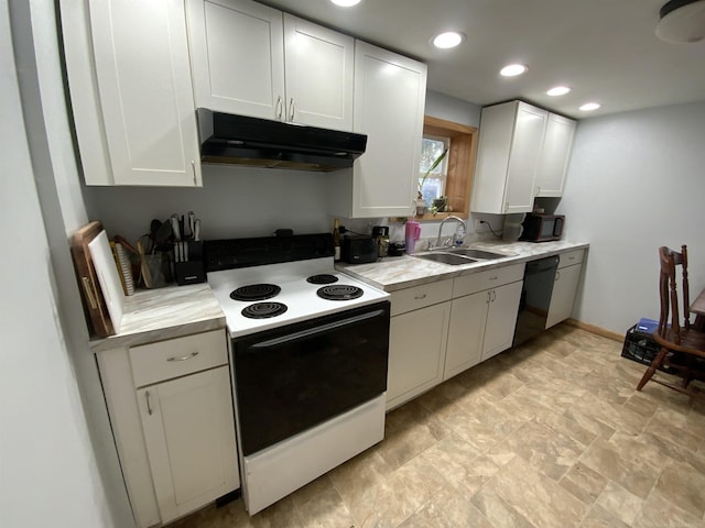 kitchen featuring under cabinet range hood, light countertops, black appliances, a sink, and recessed lighting