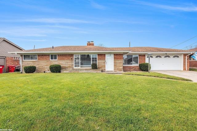 ranch-style home with concrete driveway, a chimney, an attached garage, a front lawn, and brick siding