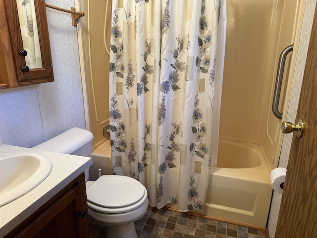 bathroom featuring shower / bathtub combination with curtain, toilet, and vanity