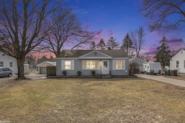 view of front of home with a chimney and a front lawn