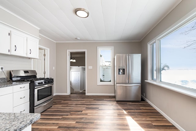 kitchen with stainless steel appliances, a healthy amount of sunlight, and dark wood-style floors