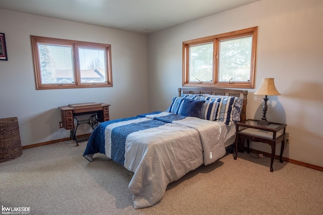 bedroom featuring carpet floors, multiple windows, and baseboards