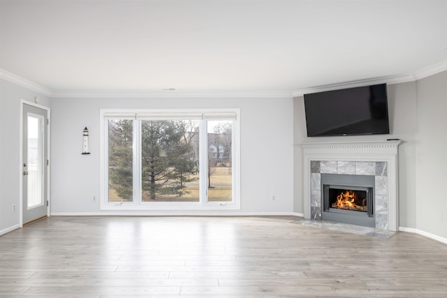 25540 Waterview Dr, Harrison Twp, MI 48045 - unfurnished living room featuring crown molding, wood finished floors, and a premium fireplace