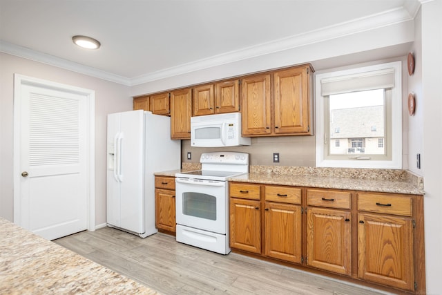 25540 Waterview Dr, Harrison Twp, MI 48045 - kitchen with white appliances, brown cabinets, crown molding, and light wood finished floors