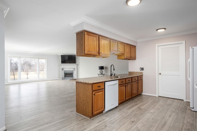 25540 Waterview Dr, Harrison Twp, MI 48045 - kitchen featuring a sink, brown cabinets, crown molding, and white appliances