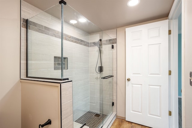 25540 Waterview Dr, Harrison Twp, MI 48045 - full bathroom with a shower stall, recessed lighting, and wood finished floors