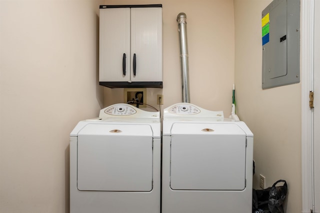 25540 Waterview Dr, Harrison Twp, MI 48045 - clothes washing area featuring cabinet space, washing machine and dryer, and electric panel