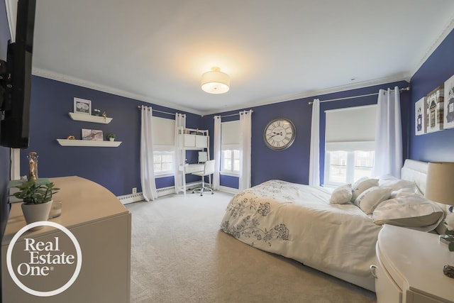 bedroom with ornamental molding, a baseboard radiator, carpet flooring, and baseboards